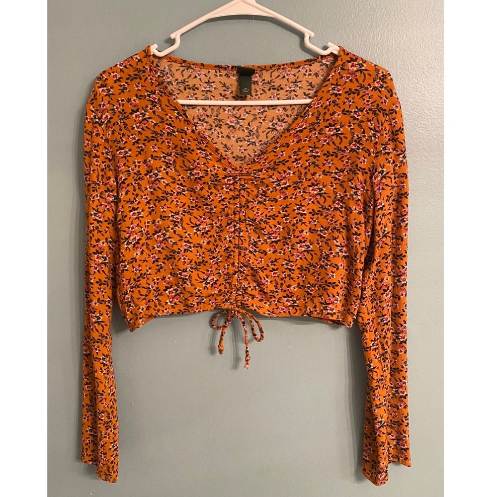 Orange Floral Long Sleeve Crop Top